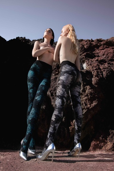 Trasparenze - Kauakestev sukkpüksid romantilise musta ja valge roosi disainiga